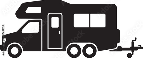 Black silhouette of a truck towing a camper trailer with open door and trailer hitch also transparent background