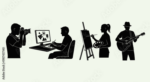 Silhouettes of creative professionals engaged in various artistic pursuits.