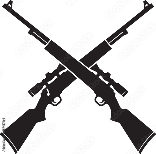 Black silhouette of two crossed rifles with scopes also transparent background, guns black and white