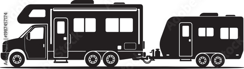 Black silhouette of rv with camper trailer attached also transparent background, motorhome