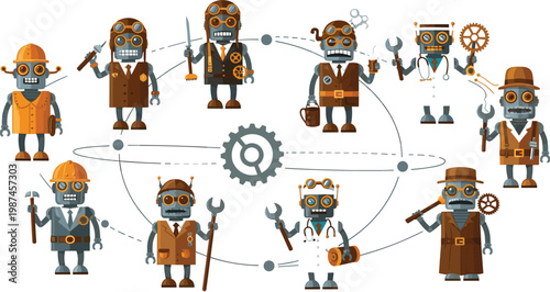 Steampunk robot worker collection with mechanical characters connected by gears and tools, detailed vector illustration for engineering, automation, industry and teamwork concepts