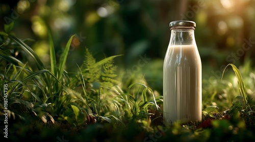 A fresh glass bottle of organic dairy milk sits on the natural green grass as a healthy white beverage full of calcium and nutrition for a rural breakfast