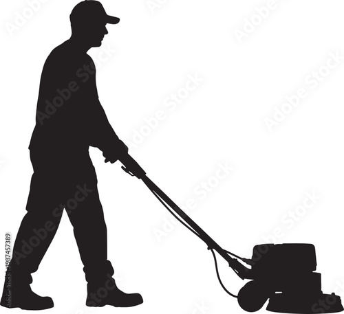 Silhouette of a man pushing a floor polishing machine also transparent background, worker cleaning
