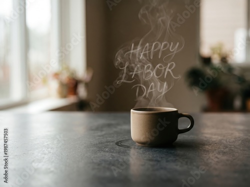 A steaming mug on a table with a happy labor day message in the smoke, in a room with a window and plants