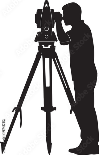 Silhouette of a person using a surveyor's theodolite on a tripod for land surveying also transparent background