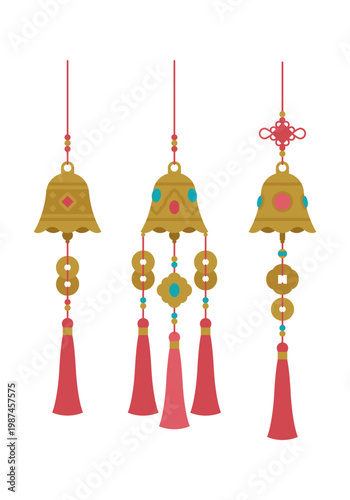 Chinese Windchime - variation of small wind bells with decoration. Simplicity vector illustration, isolated.