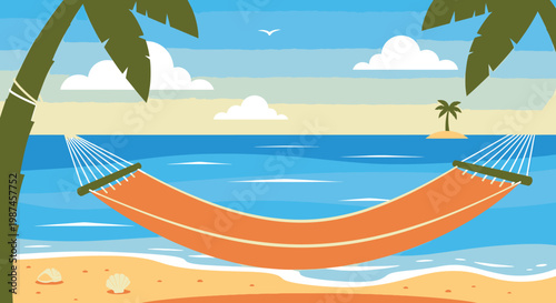 Beach scene with hammock palm trees and ocean scenery illustration