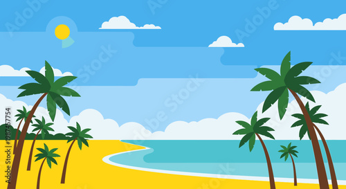 Beach scene with palm trees and ocean under clear sky