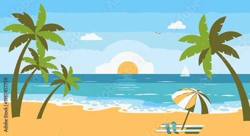Beach scene with palm trees and ocean sunset