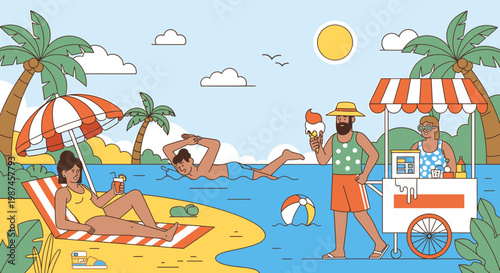 Beach scene with people enjoying summer activities swimming sunbathing and buying ice cream
