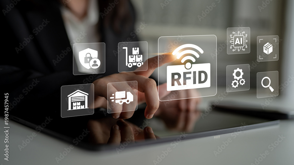 Fototapeta premium A professional adult interacts with a tablet, showcasing RFID technology icons for logistics and inventory management, symbolizing modern supply chain efficiency and innovation. Ledger