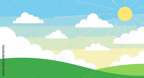 Cartoon landscape illustration sun clouds and green fields design element