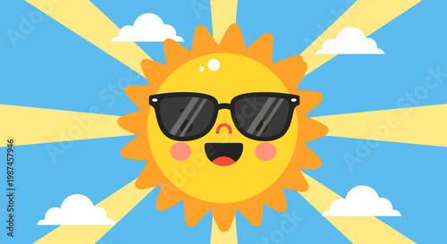 Cartoon sun sunglasses blue sky background