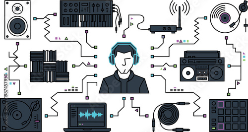Dj with headphones and equipment connected by lines to speakers and synths.