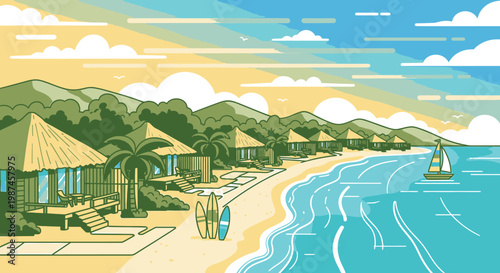 Coastal illustration scene beachfront bungalows surfing sailboat seaside holiday