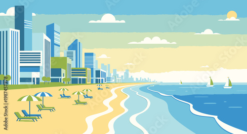 Coastal cityscape illustration with beach umbrellas and sailboats against a clear sky