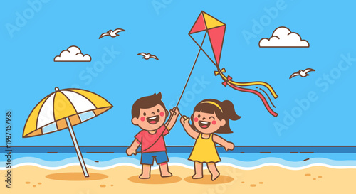 Children playing with a kite at the beach on a sunny day summertime