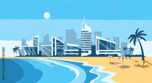 Coastal cityscape with beach and palm trees illustration vector design