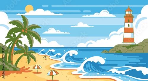 Coastal scene with lighthouse and beach landscape