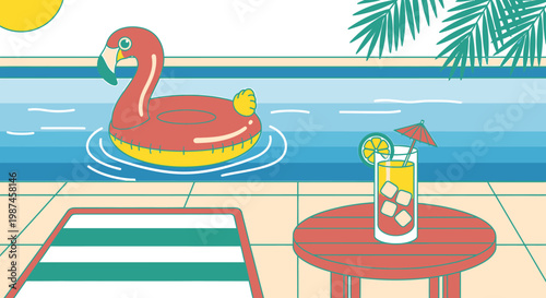 Summer relaxation scene poolside with flamingo float beverage and palm fronds