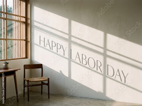Cozy room with happy labor day message on wall from window light beams on white wall with wooden chair and table