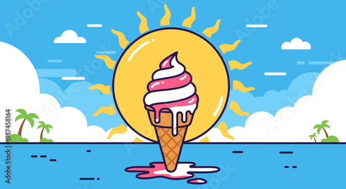 Summer scene featuring an ice cream cone and a bright sun vector illustration