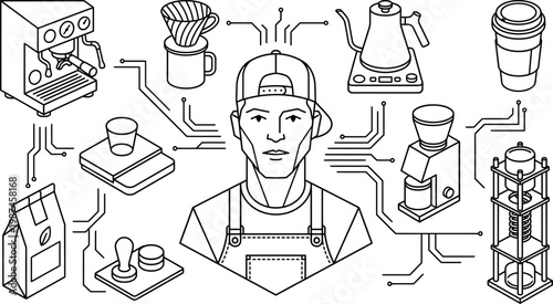 Professional coffee brewer with specialized tools and machines in modern thin line icons.