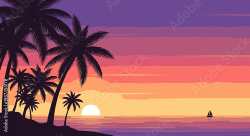Sunset beach scene silhouette palm trees ocean sailboat sky