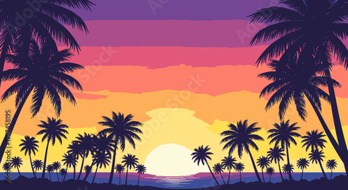 Sunset beach scene with palm trees silhouette against vibrant sky vector illustration