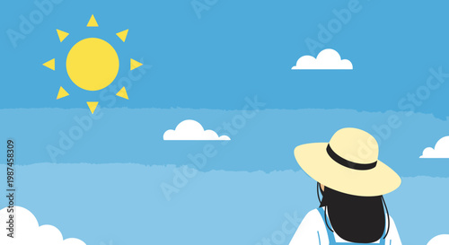 Woman admiring the sky with sun and clouds illustration conceptual design