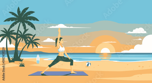 Woman performing yoga beach sunset vector illustration