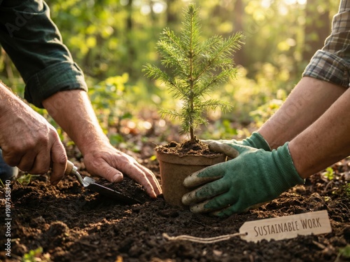 Two people planting a small evergreen tree in soil with a garden trowel and a sustainable work tag in a natural outdoor setting with greenery