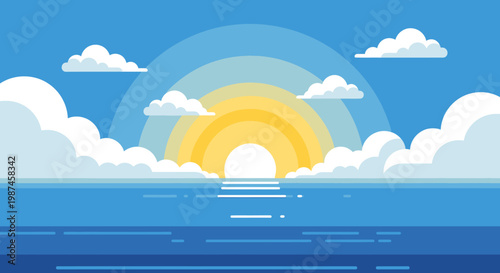 Abstract illustration of a sunset over the ocean with stylized clouds and colorful sky