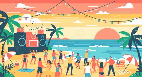Beach party scene illustration with dancing people and music on the coast sunset background vector design