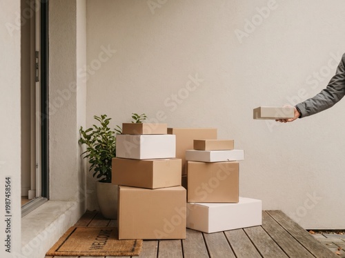 A person delivering cardboard boxes to a house porch with a plant and welcome mat