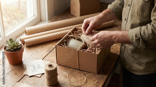 Man wrapping a potted succulent plant in a cardboard box on a wooden table with paper rolls and twine