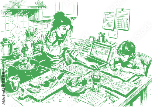 Mom Multitasking Cooking And Kid Study At Home