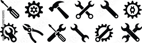 Tools and maintenance icons set featuring wrench, screwdriver, hammer, pliers and gear symbols, black silhouettes isolated for industrial design