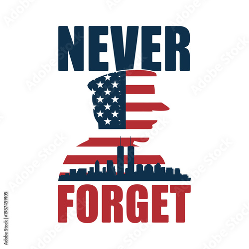 September eleventh remembrance graphic featuring twin towers skyline and american flag elements for never forget commemorative.