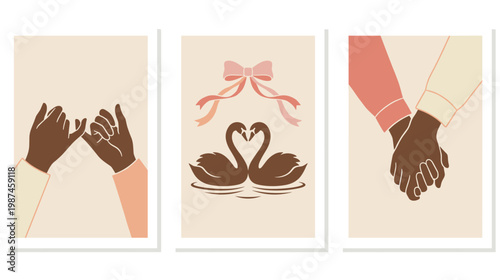 Minimalist hand holding and swan art prints for modern romantic home wall decor.