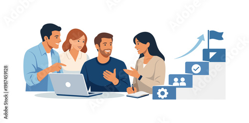 A team strengthening coordinated execution during a collaborative planning session, gathered near a laptop while interacting with a simple aligned step progression symbol