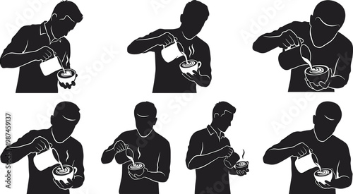 Barista coffee making silhouettes set featuring latte art pouring, professional cafe preparation process, black vector icons isolated for beverage design