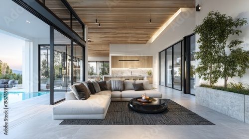 a living room space with a modern open plan kitchen to the left and sofa living room area to the right with big bifold windows full back of this space with view of a swimming pool
