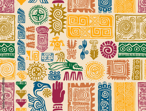 Tribal seamless pattern colorful inspired by Mayan, Aztec and Polynesian motifs. Maya pattern. Ethnic geometric ornament texture for fabric print, rugs, decor, and abstract vector background design.