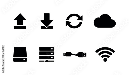 File transfer: upload arrow, download arrow, sync arrows, cloud storage, external drive, server stack, transfer cable, wireless signal.