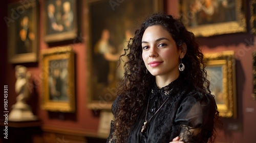 A young woman with curly hair stands in front of a wall of paintings in an art gallery