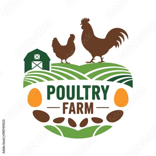 Agriculture poultry farm emblem featuring silhouette of chickens over green hills with barn and eggs for food industry branding.