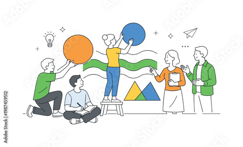 Creative exploration and modern design thinking in a visual arts context where individuals experiment with shapes and composition, represented by a clear visual metaphor