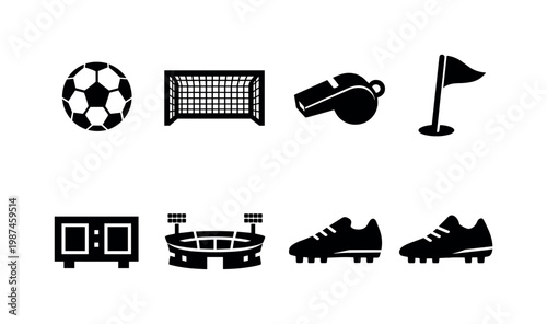 Football game elements: soccer ball, goal net, goalpost, referee whistle, corner flag, scoreboard, stadium, cleats shoes.