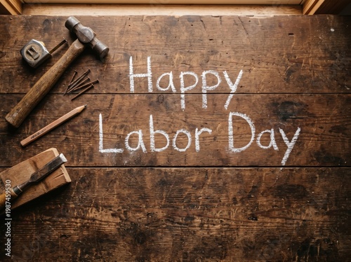 Happy labor day message on wooden background with tools and nails